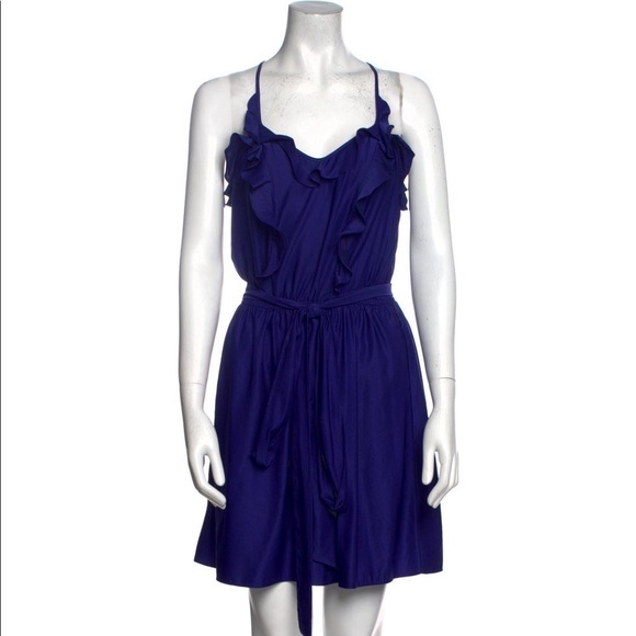 REBECCA TAYLOR Purple Ruffled Square Neckline Belted Mini Dress Size 0 - Picture 1 of 12